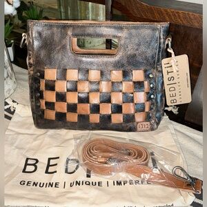 NWT Bed Stu Leather Keiki Crossbody Bag Handbag Black Lux Tan Rustic MSRP $235